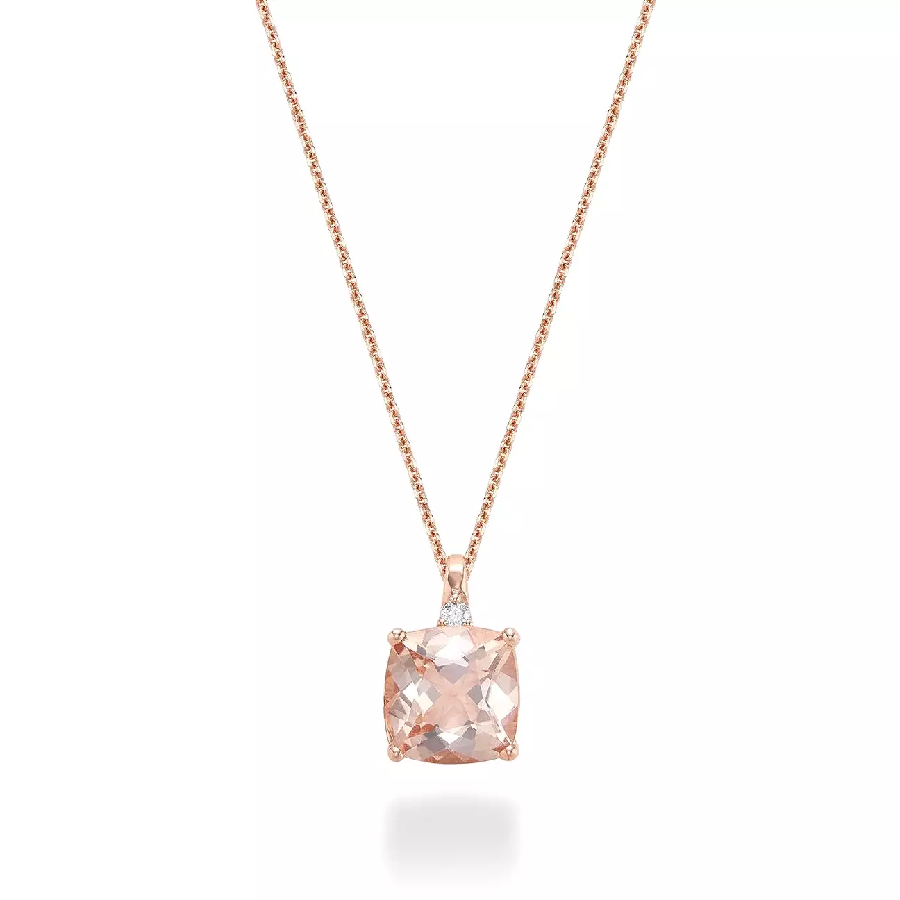 10k Gold Cushion Cut Created Morganite Stone and Diamond Necklace