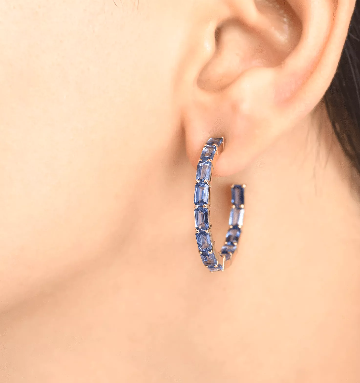 14K & 18K Gold Blue Sapphire Inside Outside Hoop Earrings