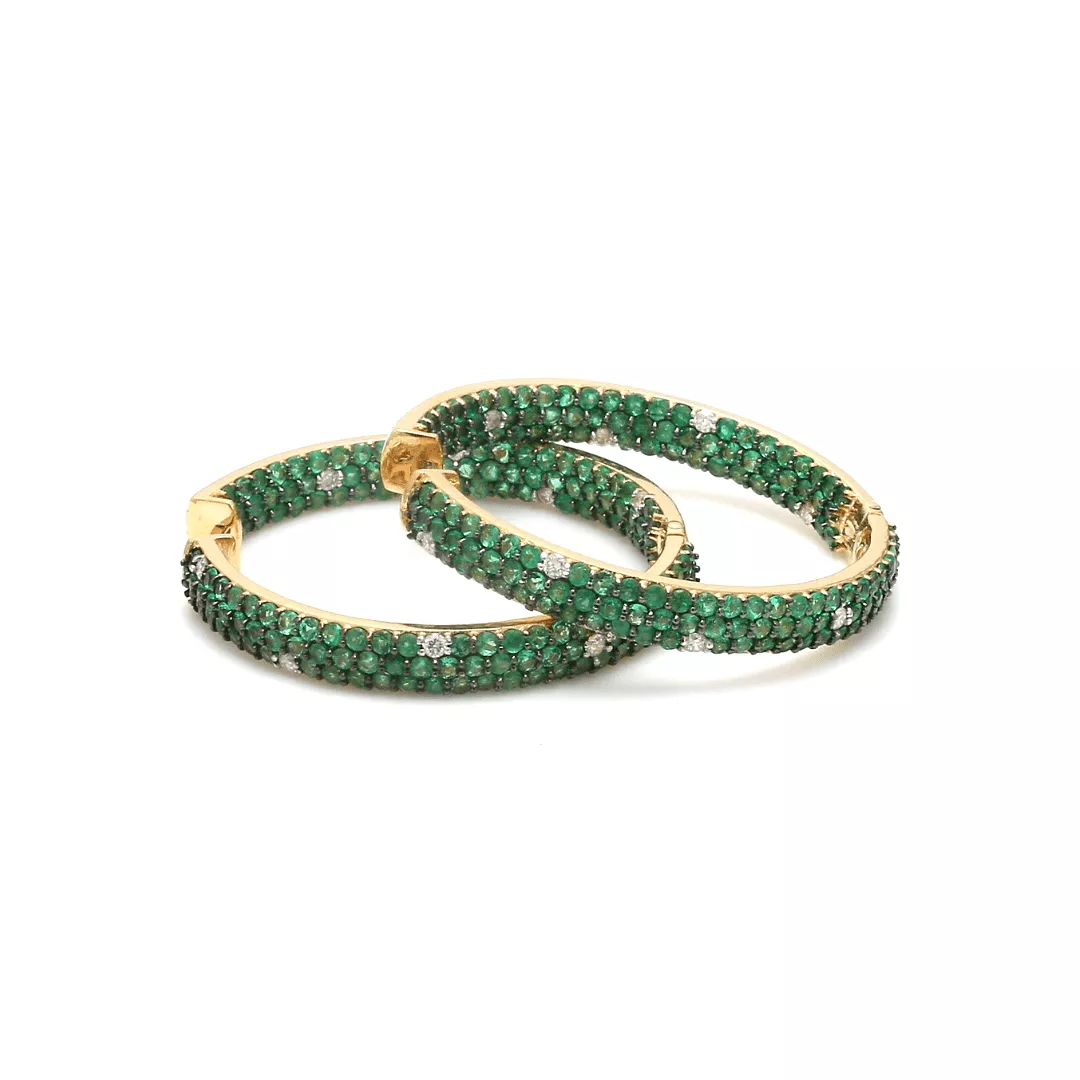 14K & 18K Gold Emerald & Diamond Inside Outside Hoop Earrings