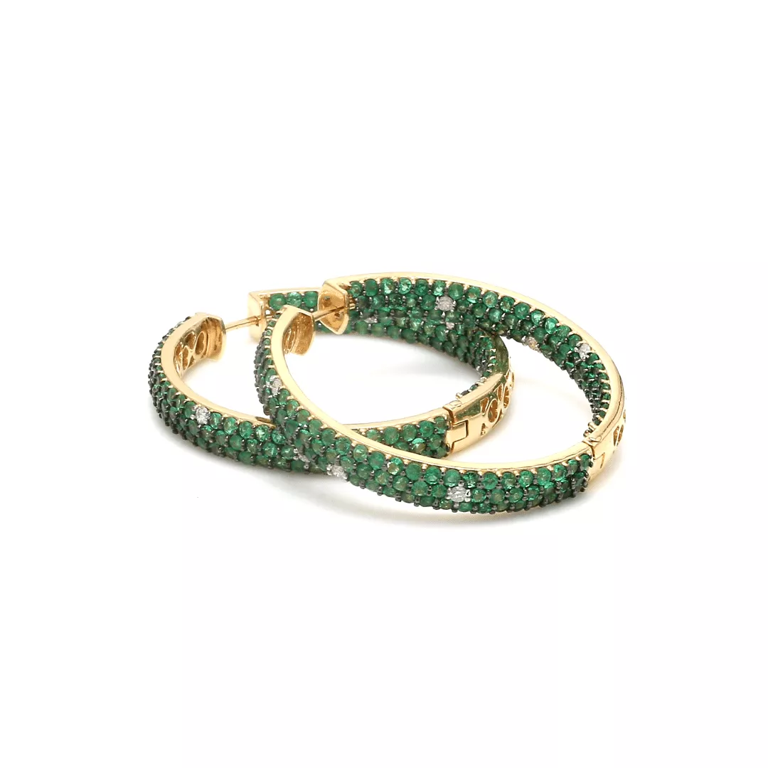 14K & 18K Gold Emerald & Diamond Inside Outside Hoop Earrings