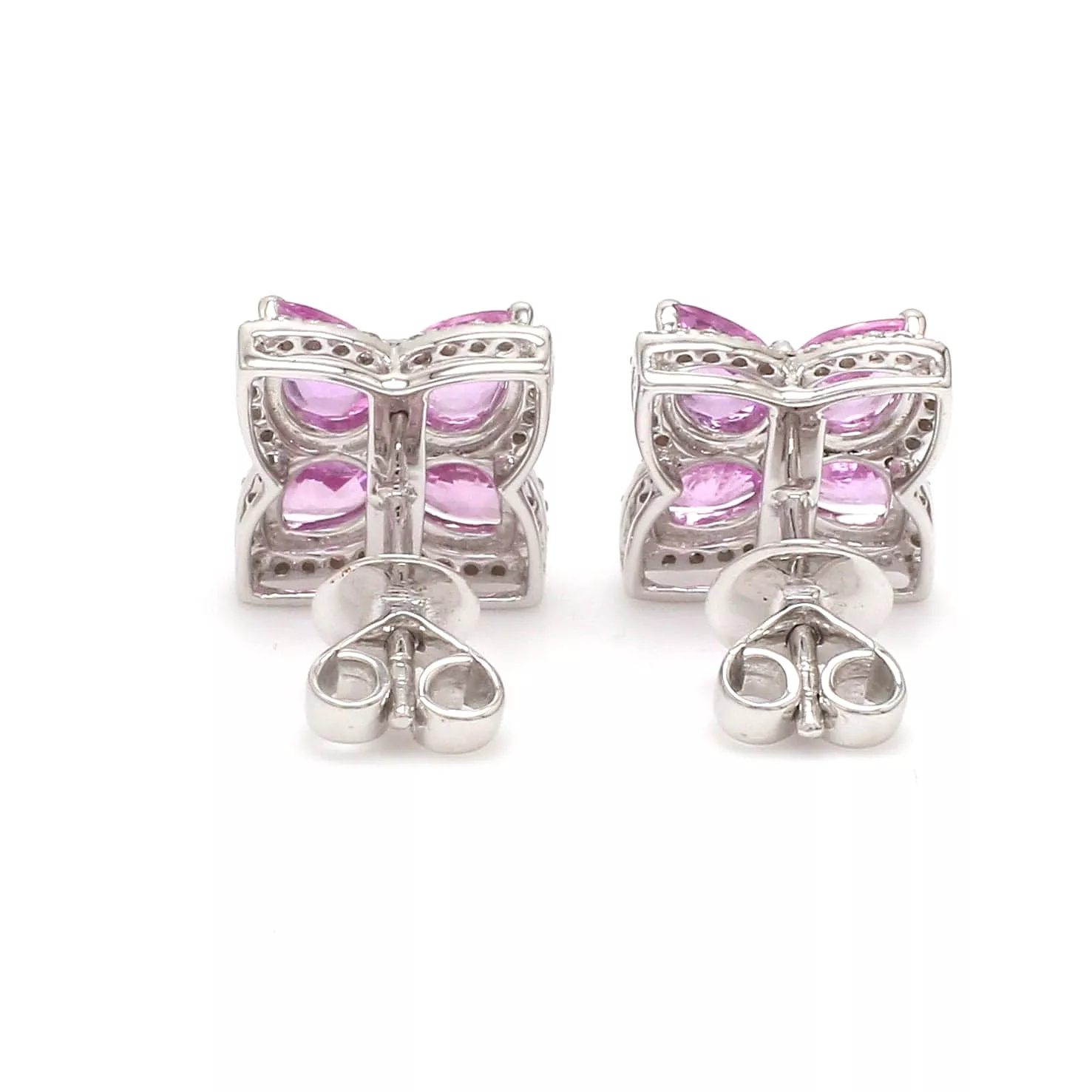 14K & 18K Gold Pink Sapphire and Diamond Clover Flower Stud Earrings