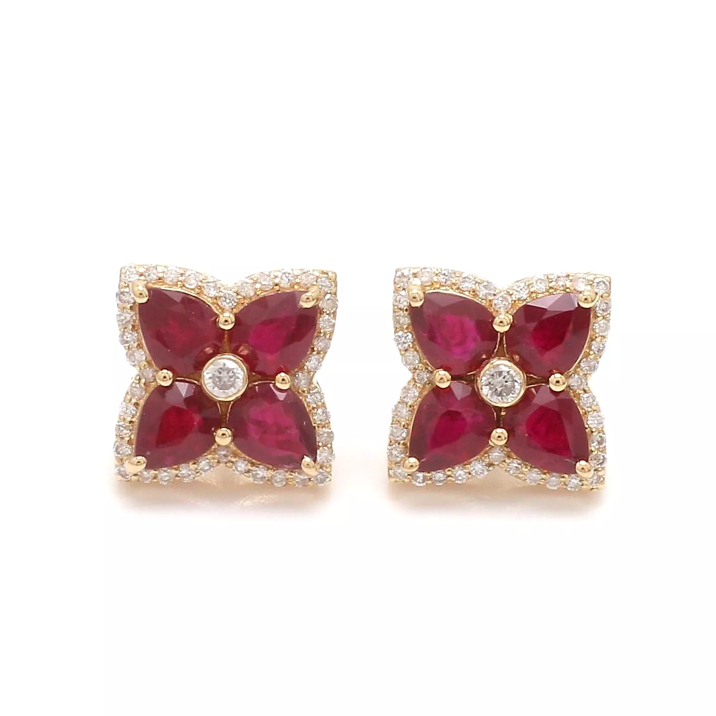 14K & 18K Gold Ruby and Diamond Clover Flower Stud Earrings