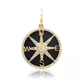 14K Gold Black Onyx and Pave Diamond Compass Charm, Full Diamonds