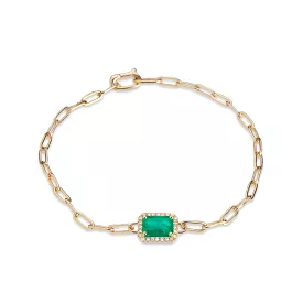 14K Gold Emerald and Diamond Paper Clip Chain Bracelet