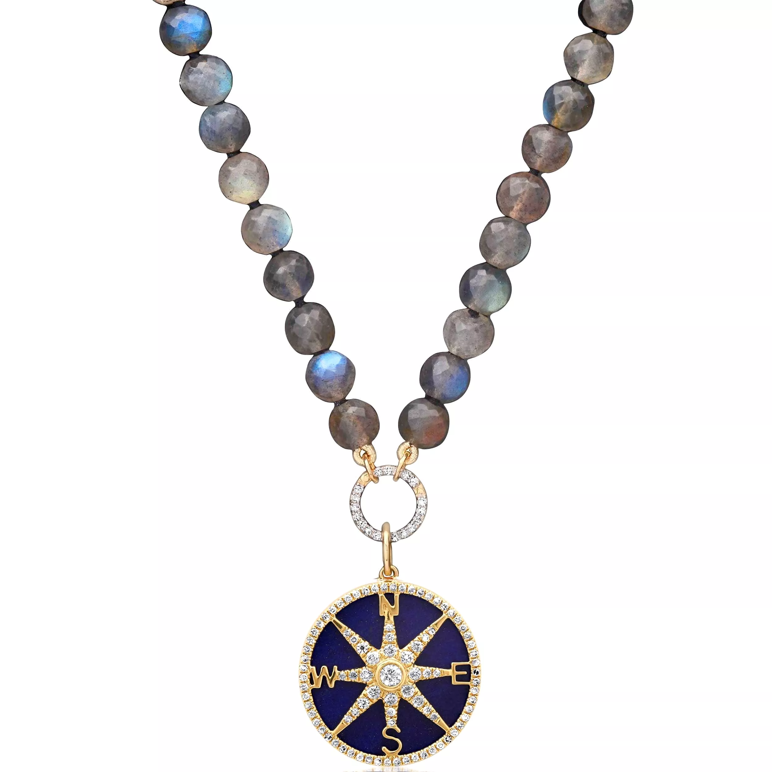 14K Gold Lapis and Pave Diamond Compass Charm, Full Diamonds