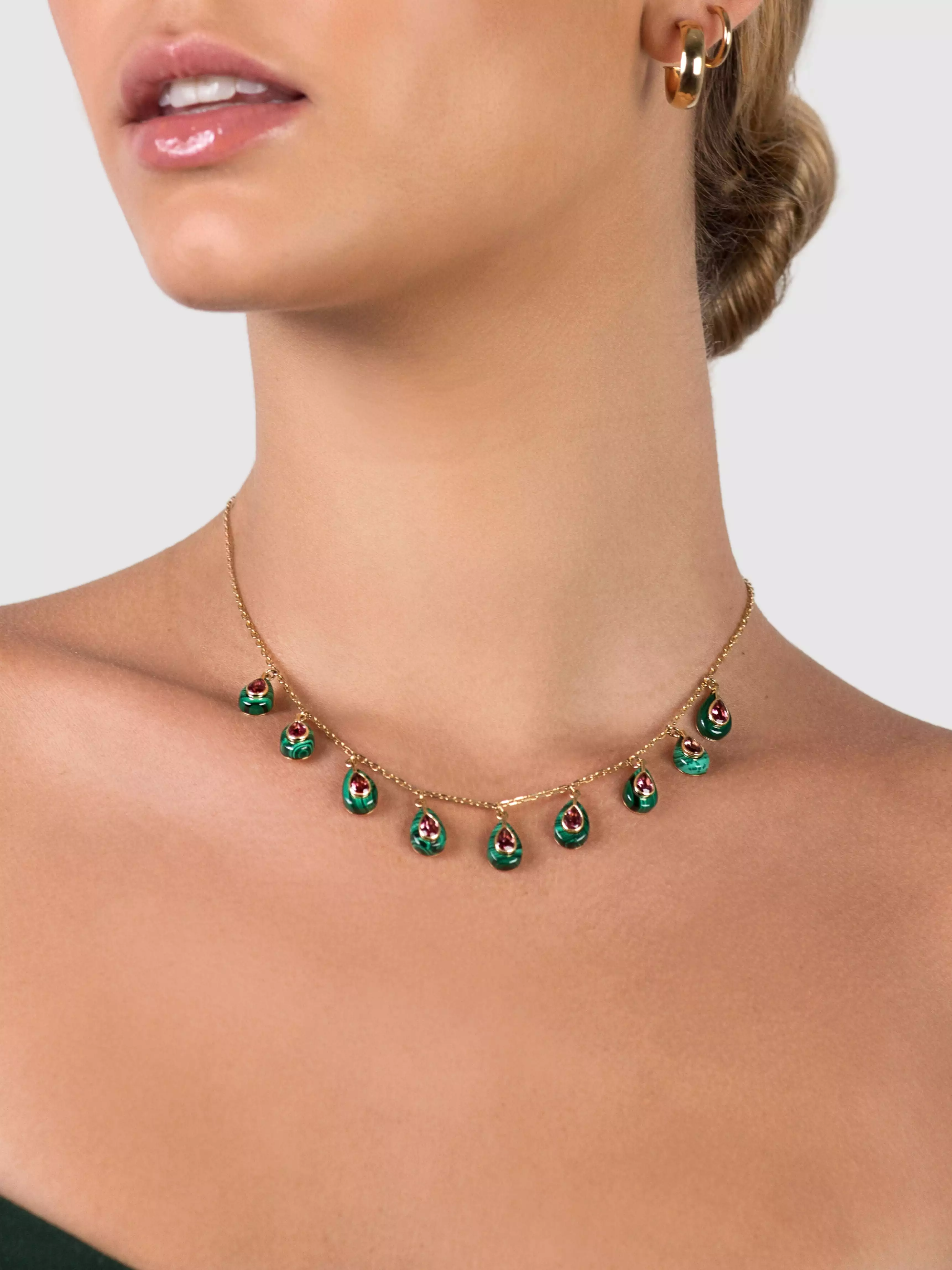 18K Gold with Malachite And Tourmaline Choker Necklace