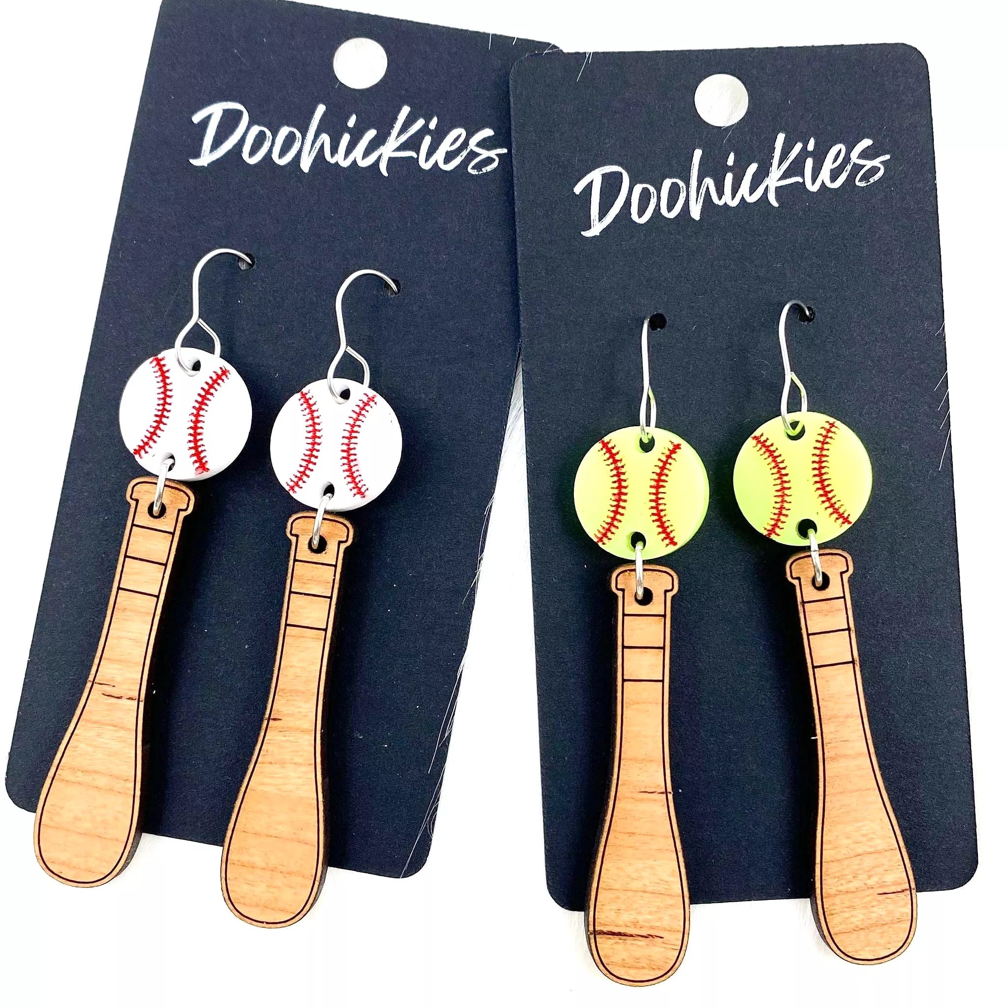 3 Bat & Ball Dangle Earrings (Softball or Baseball)