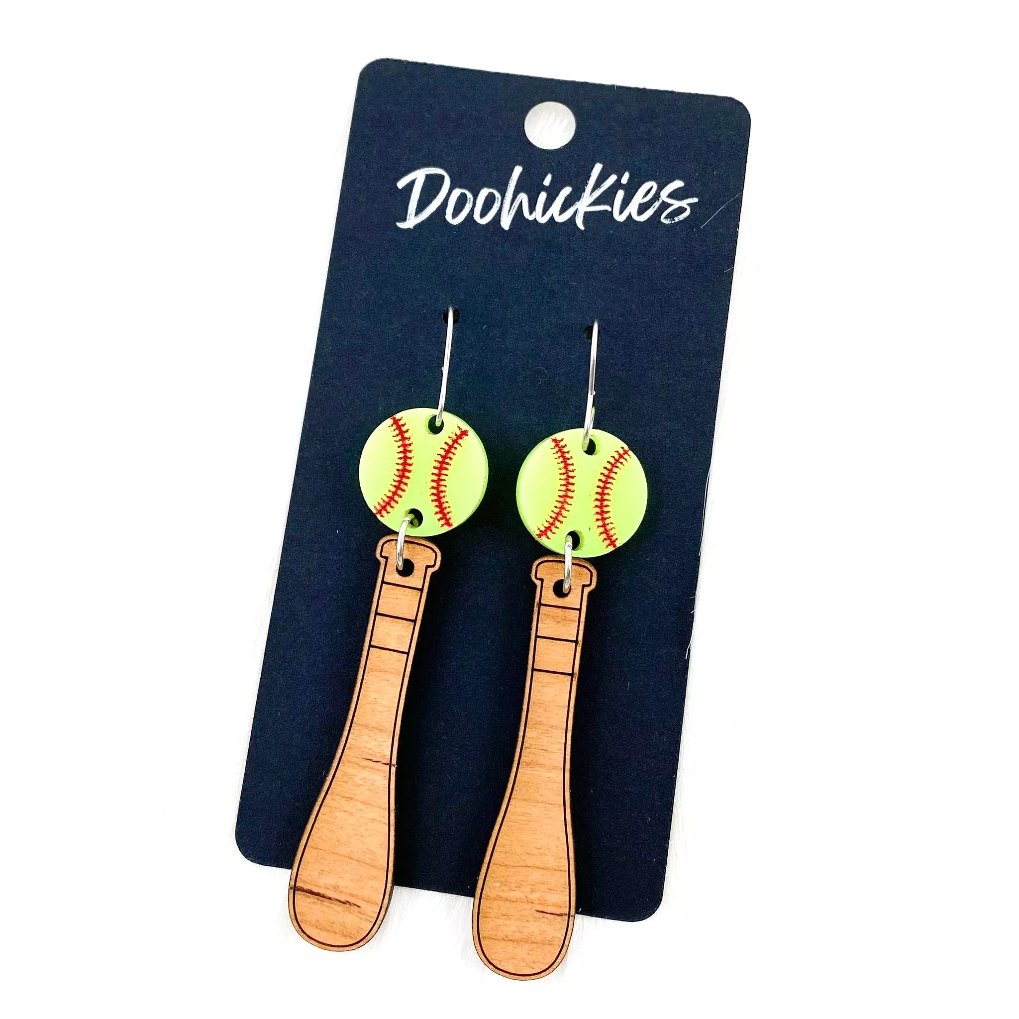 3 Bat & Ball Dangle Earrings (Softball or Baseball)