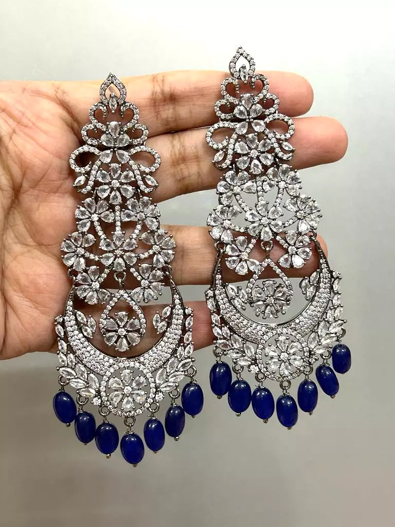 Anarkali Blue , Zircon Diamond Long earrings in  Victorian Black finish With Deep Blue Beads Hanging with back clip support-SAND