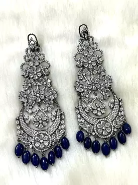 Anarkali Blue , Zircon Diamond Long earrings in  Victorian Black finish With Deep Blue Beads Hanging with back clip support-SAND