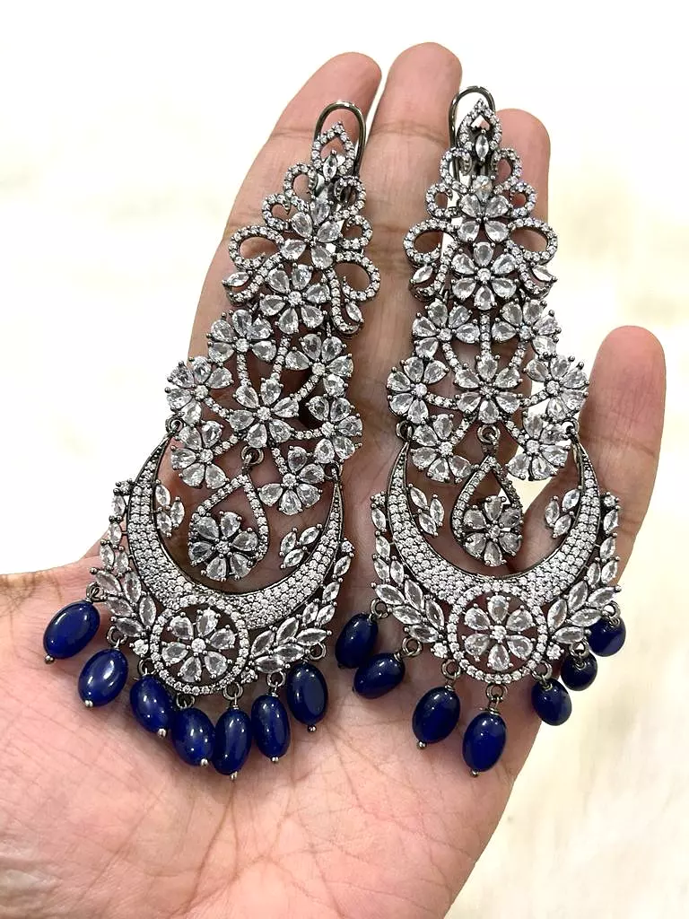 Anarkali Blue , Zircon Diamond Long earrings in  Victorian Black finish With Deep Blue Beads Hanging with back clip support-SAND