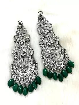 Anarkali Green , Zircon Diamond Long earrings in  Victorian Black finish With Green Beads Hanging with back clip support-SANDY00