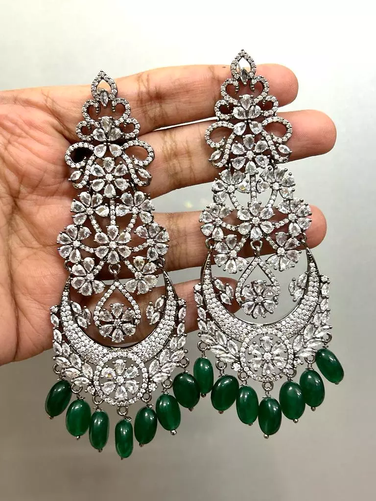 Anarkali Green , Zircon Diamond Long earrings in  Victorian Black finish With Green Beads Hanging with back clip support-SANDY00