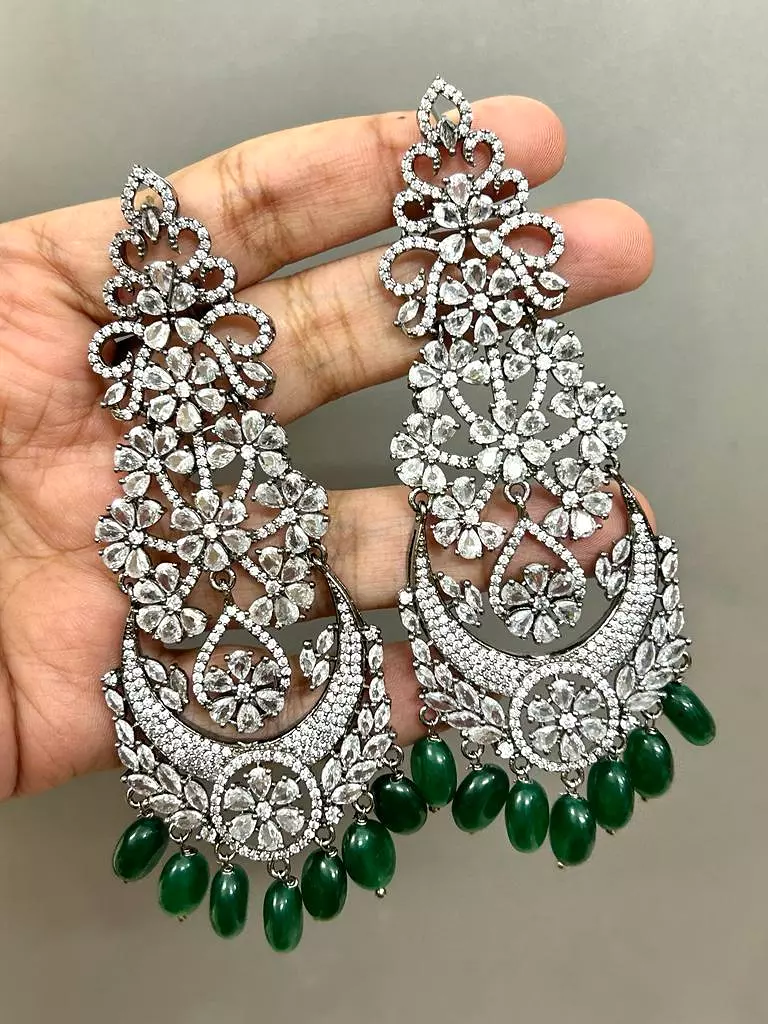 Anarkali Green , Zircon Diamond Long earrings in  Victorian Black finish With Green Beads Hanging with back clip support-SANDY00