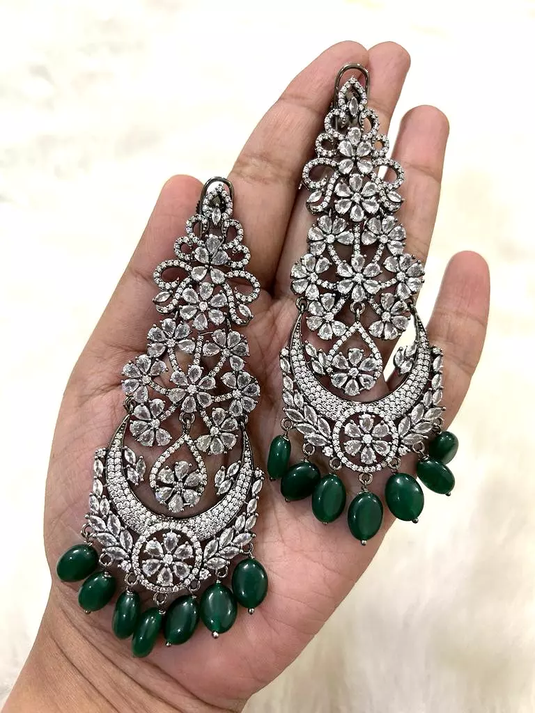 Anarkali Green , Zircon Diamond Long earrings in  Victorian Black finish With Green Beads Hanging with back clip support-SANDY00