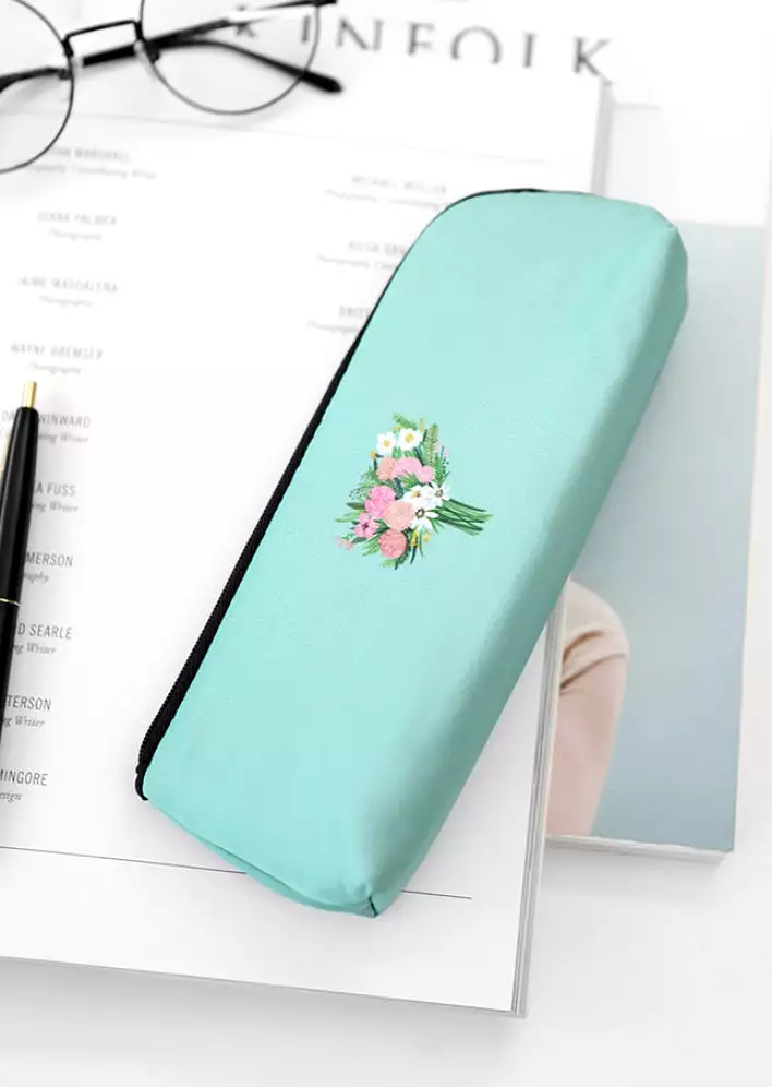 Aquamarine Pink Rose Bouquet Graphic Pencil Cases Stationery Zipper School 19cm Office Cosmetics Pouches Artists Designer Prints