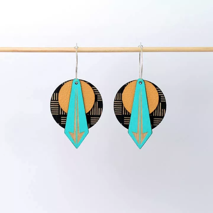 Architectural Lightweight Leather + Birch Earring: Arrow Geo