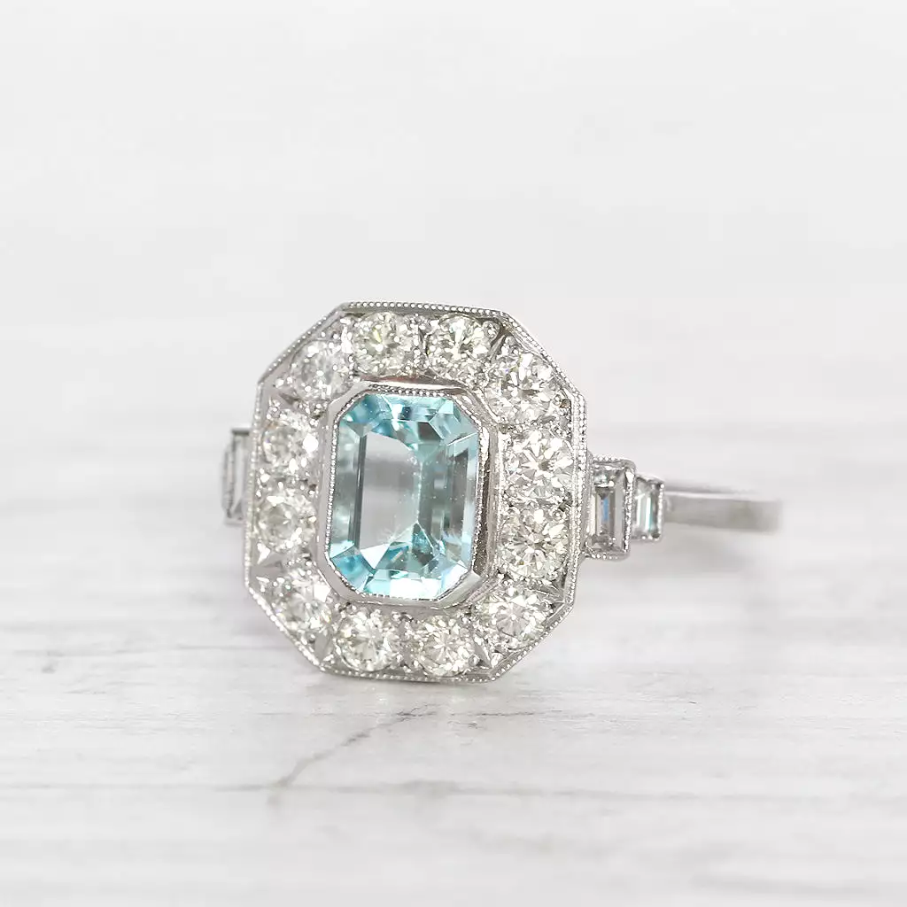 Art Deco Style 1 Carat Aquamarine and Diamond Cluster