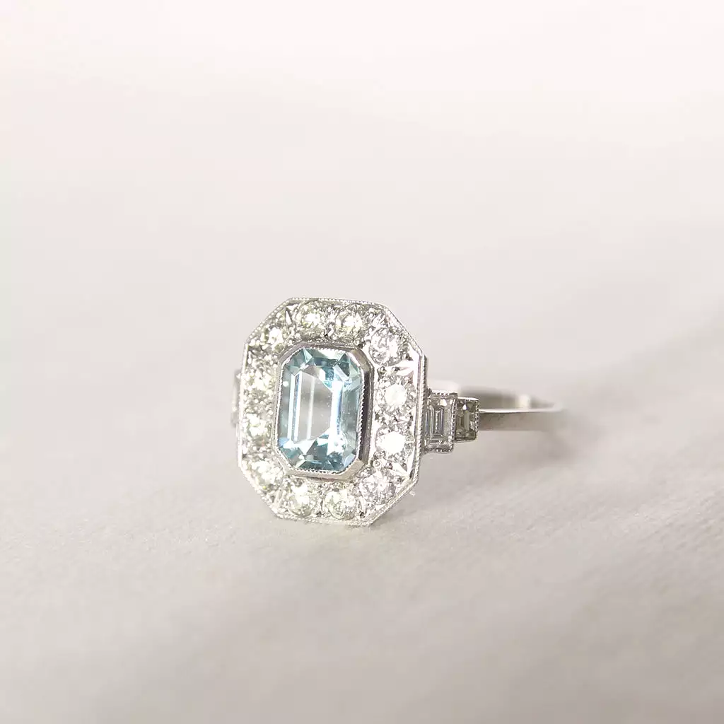 Art Deco Style 1 Carat Aquamarine and Diamond Cluster