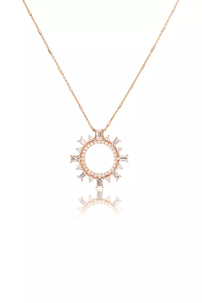 Baguette Diamond Shipswheel Compass Necklace in Rose Gold