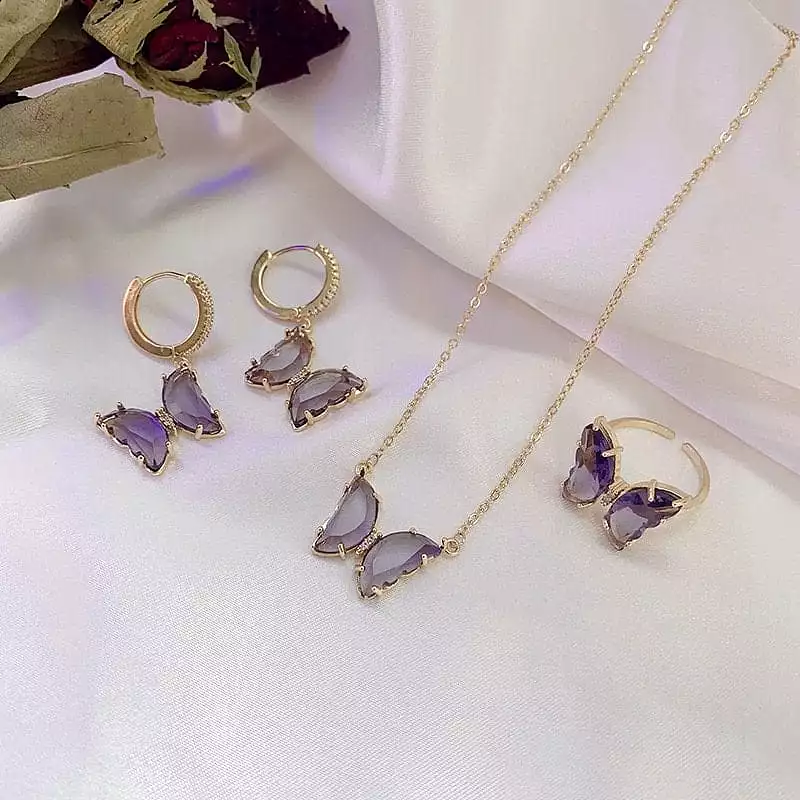 Dainty CZ Inlaid Crystal Butterfly Necklace Earrings Ring Set LIN68