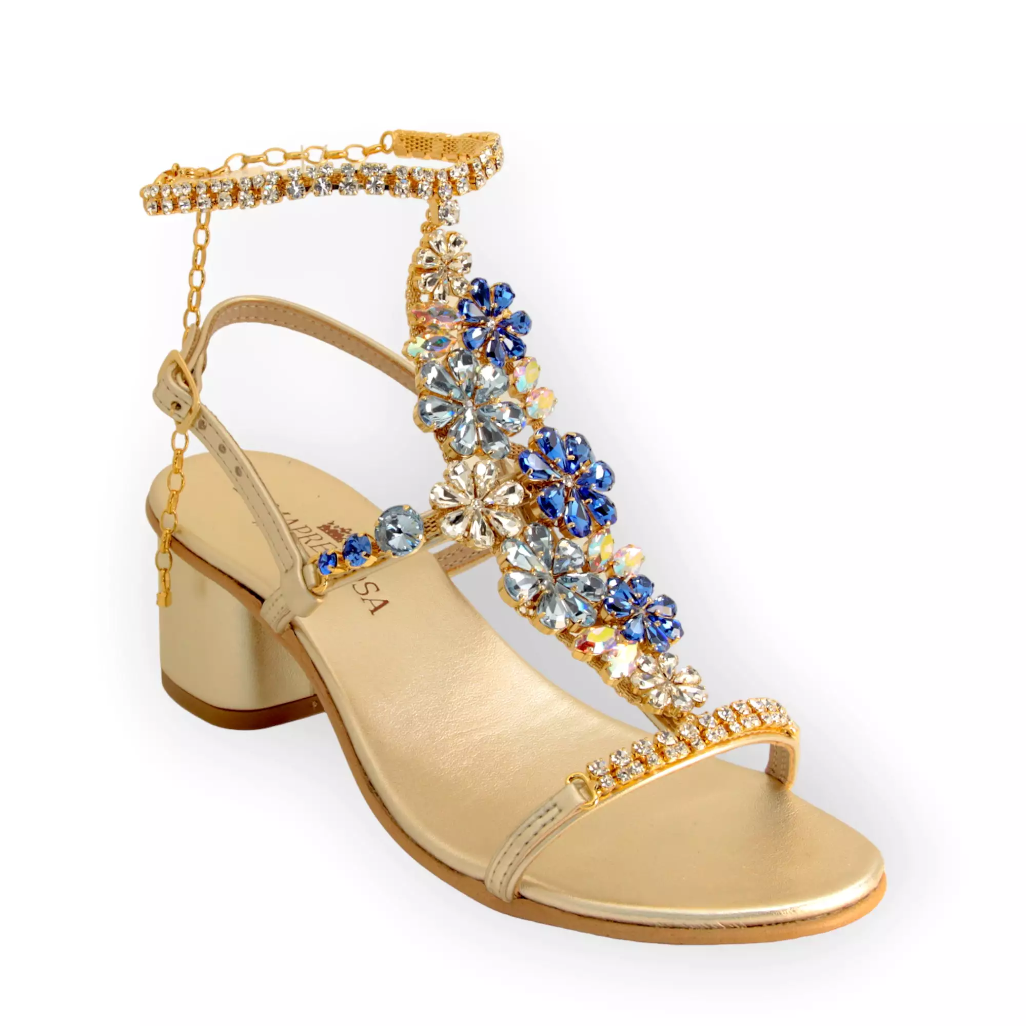 Daisy Aquamarine, Jewel Sandal With Crystal Flowers And Block Heel