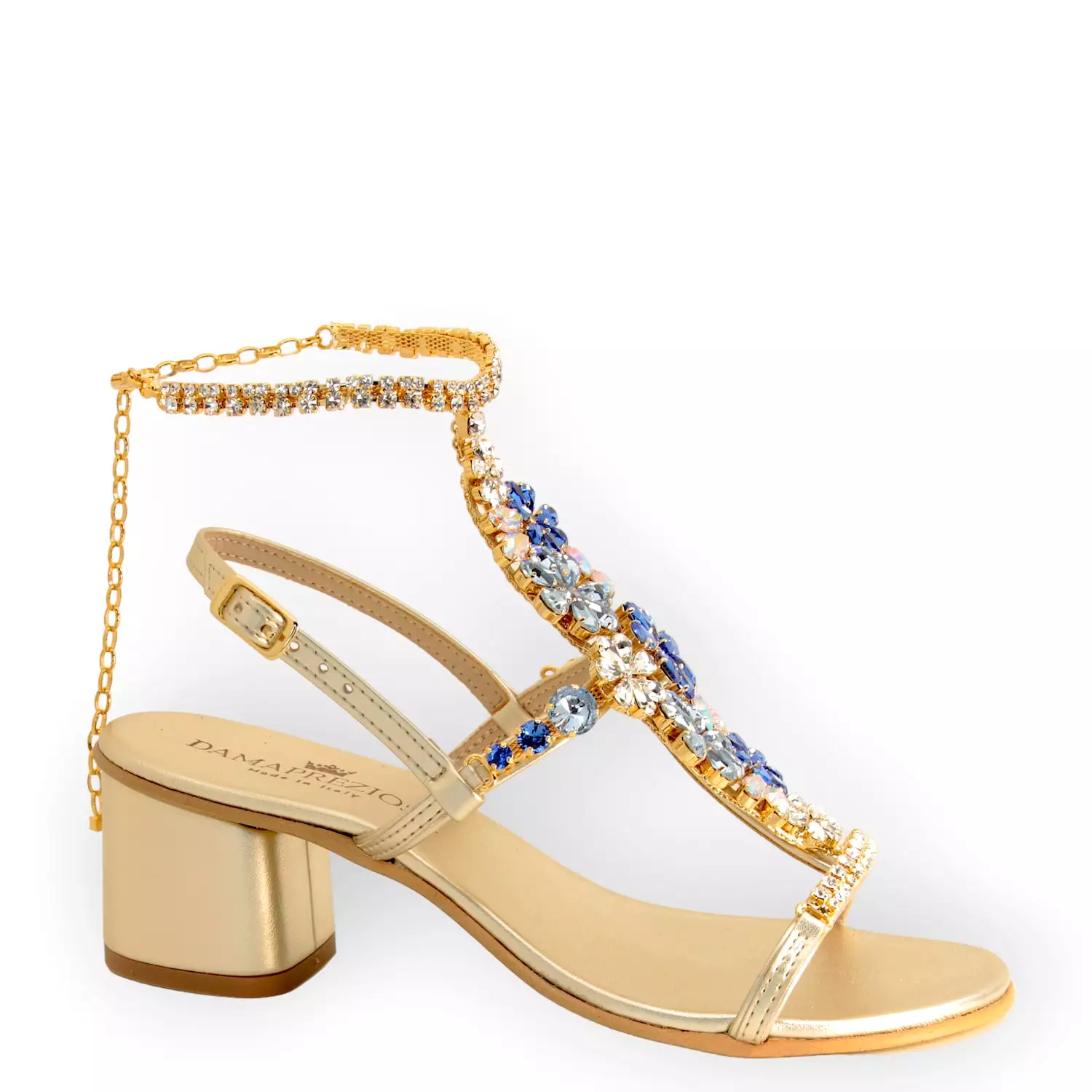 Daisy Aquamarine, Jewel Sandal With Crystal Flowers And Block Heel