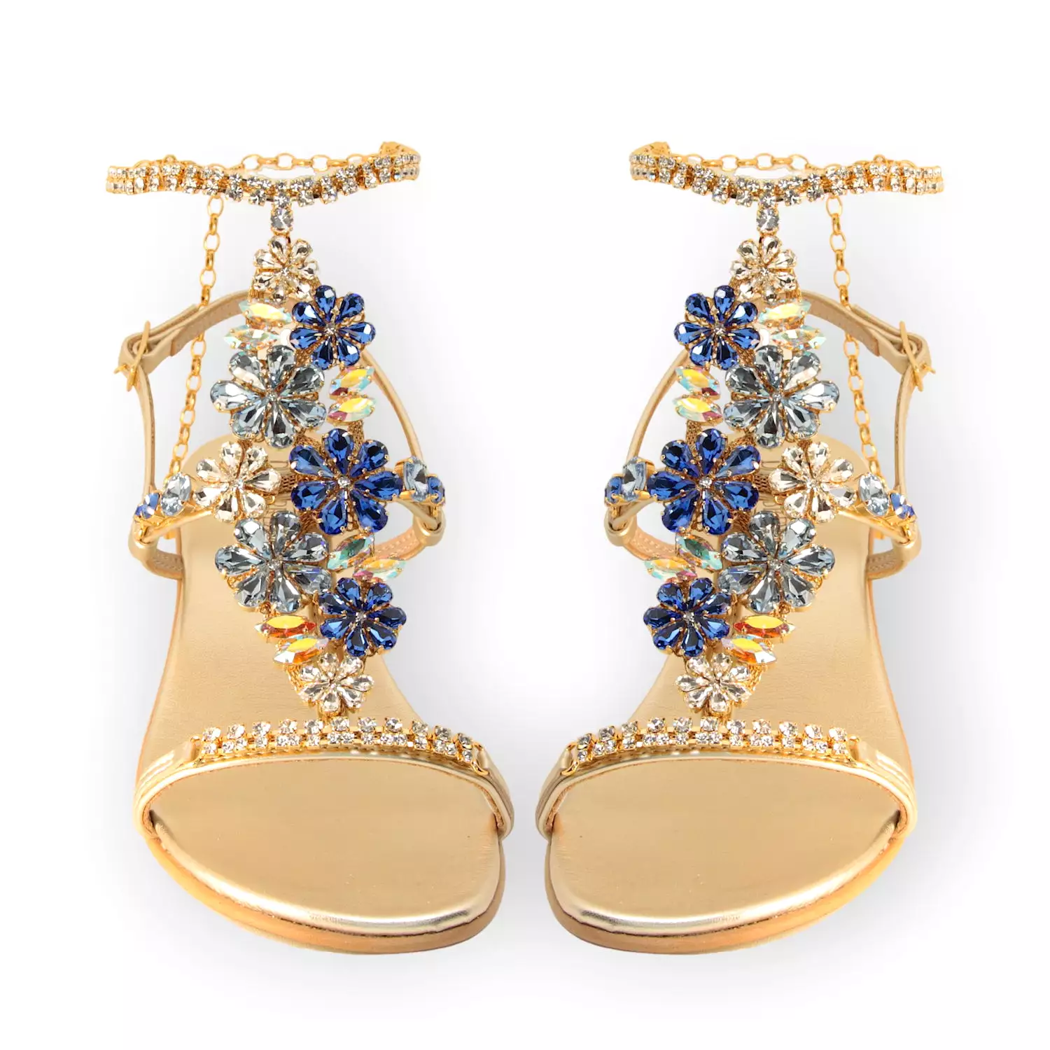 Daisy Aquamarine, Jewel Sandal With Crystal Flowers And Block Heel