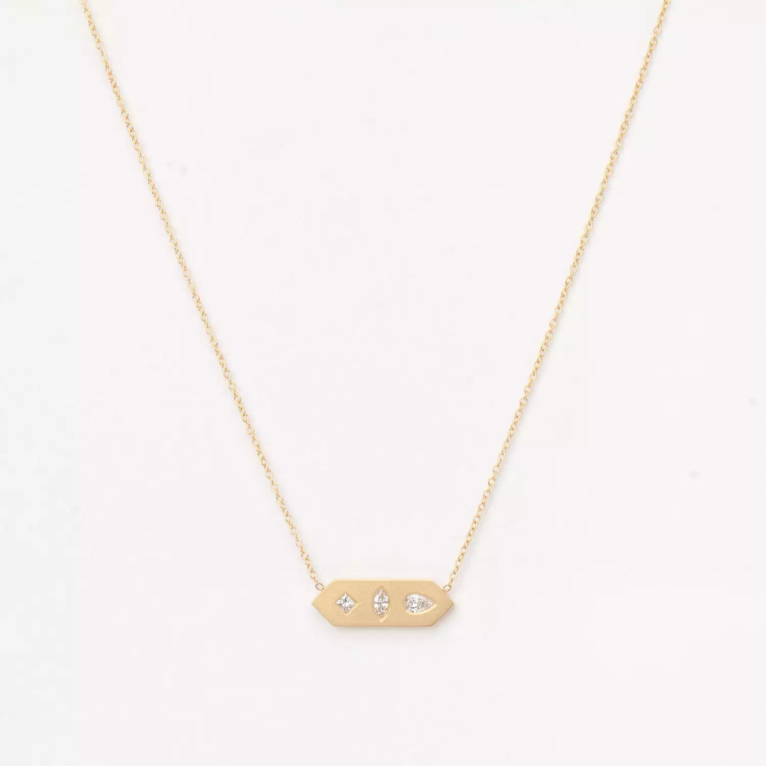 Diamond Mosaic Brushed Gold Horizontal Hexagon Tag Necklace