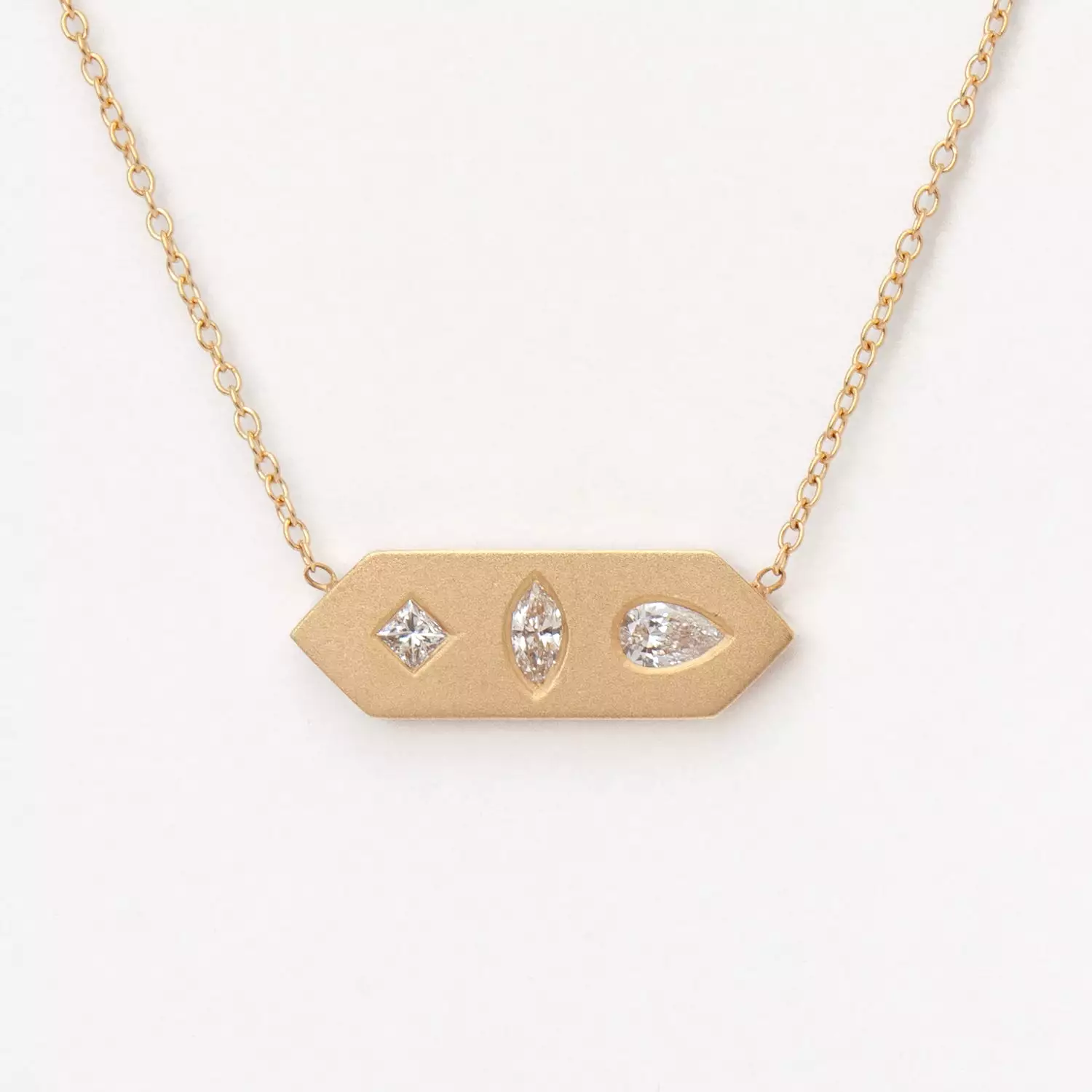 Diamond Mosaic Brushed Gold Horizontal Hexagon Tag Necklace