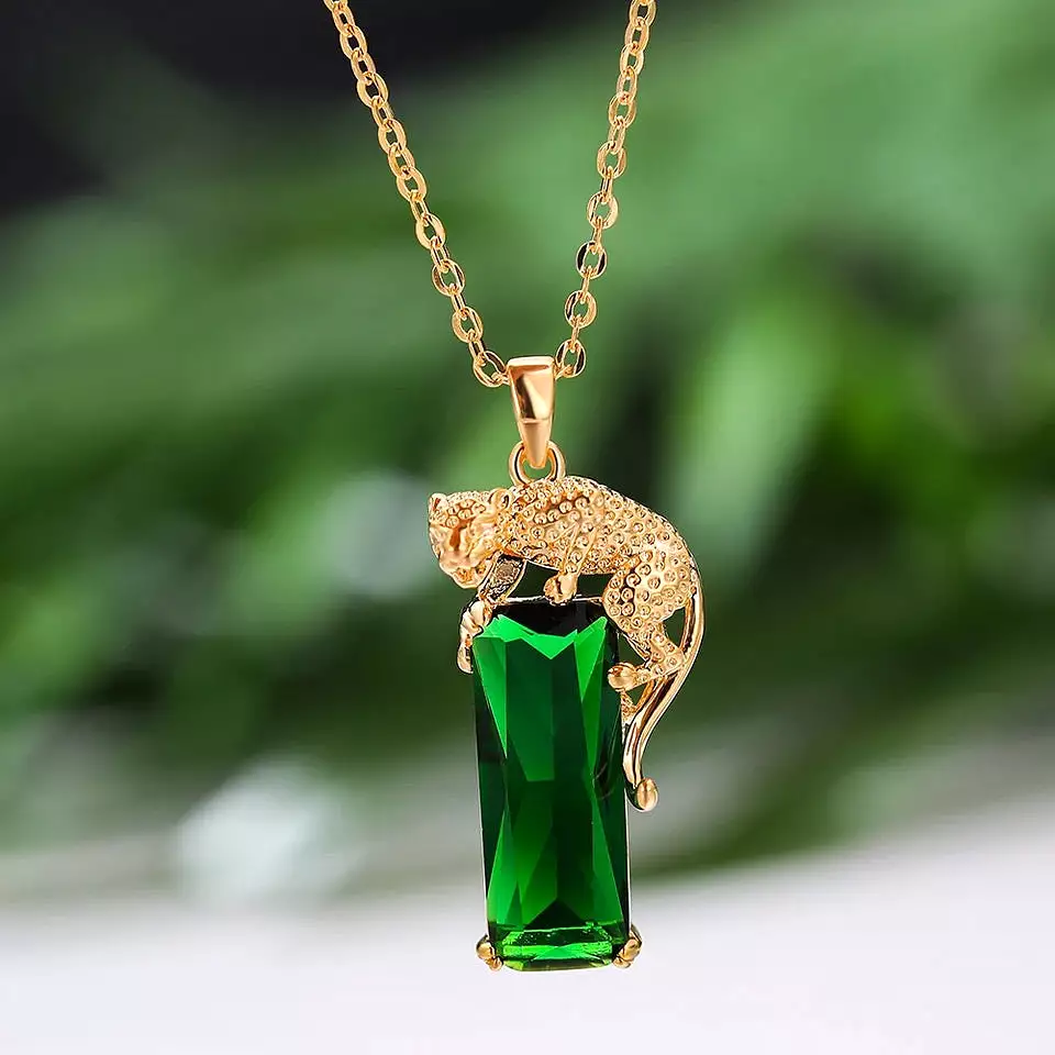 Domineering Animal Leopard Pendant Big Rectangle Stone Necklaces For Men Women Green Zircon Gold Color Link Chain Necklace S1898