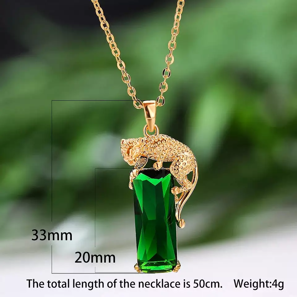 Domineering Animal Leopard Pendant Big Rectangle Stone Necklaces For Men Women Green Zircon Gold Color Link Chain Necklace S1898