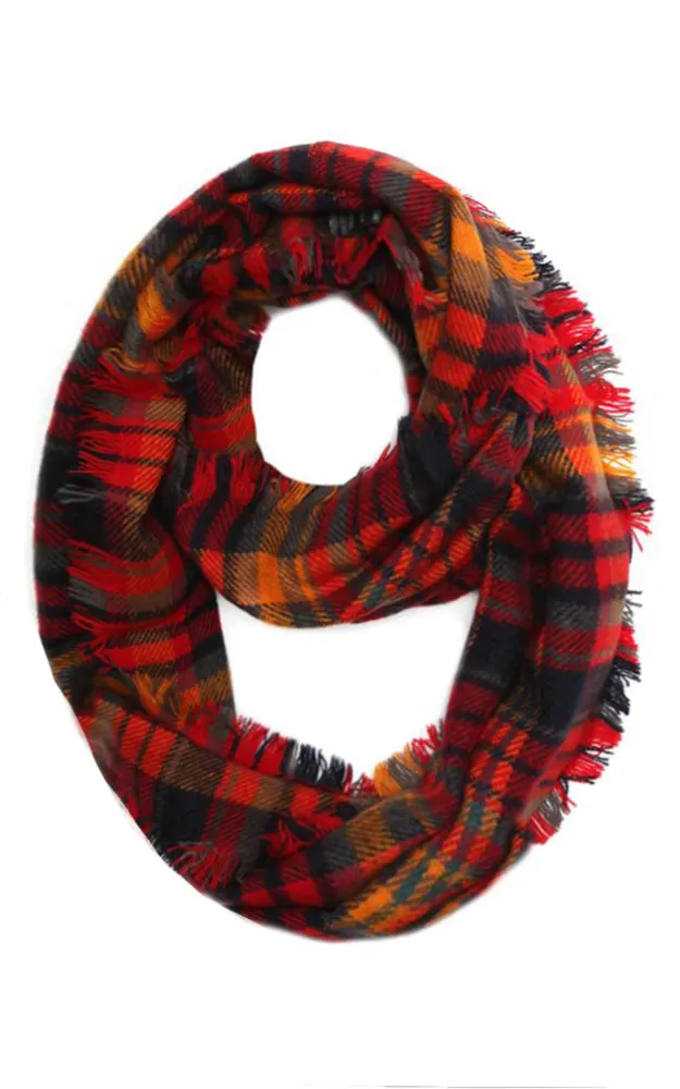 EAS8697 Navy Red Woven Plaid Infinity Scarf