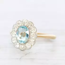 Edwardian 0.90 Carat Aquamarine and Old Cut Diamond Cluster