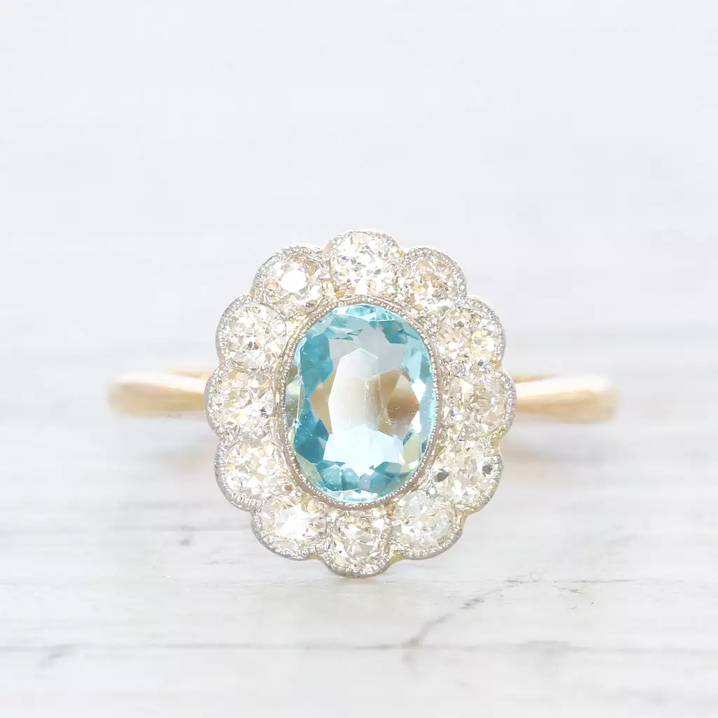 Edwardian 0.90 Carat Aquamarine and Old Cut Diamond Cluster