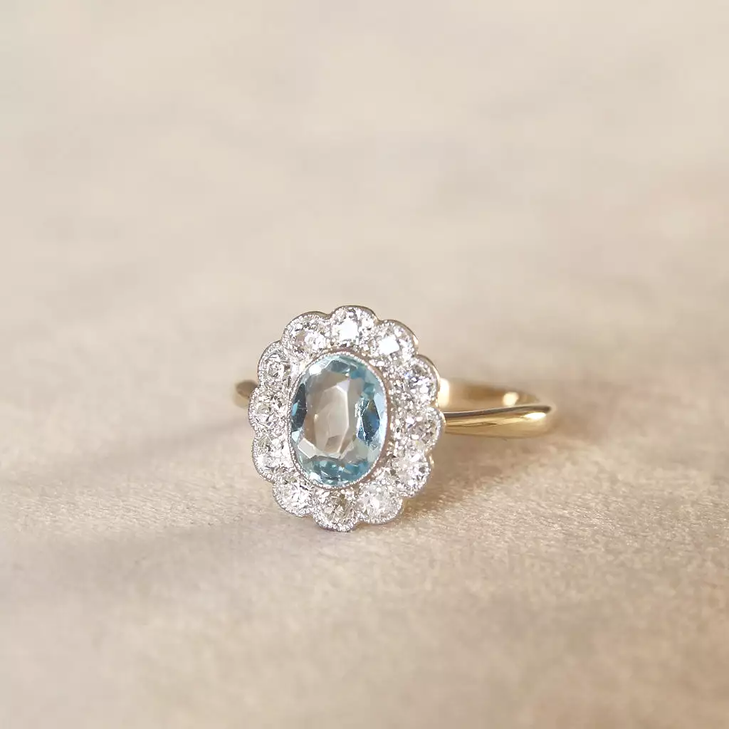 Edwardian 0.90 Carat Aquamarine and Old Cut Diamond Cluster