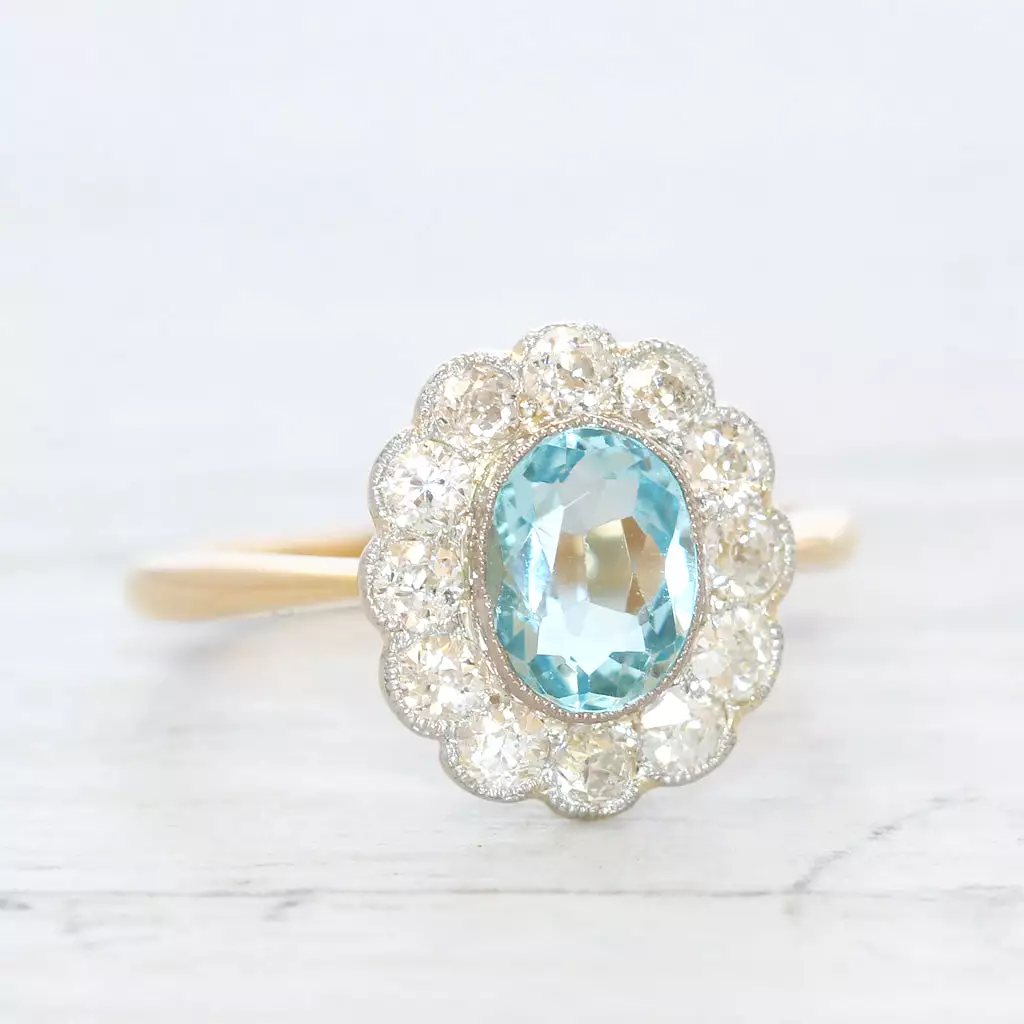 Edwardian 0.90 Carat Aquamarine and Old Cut Diamond Cluster