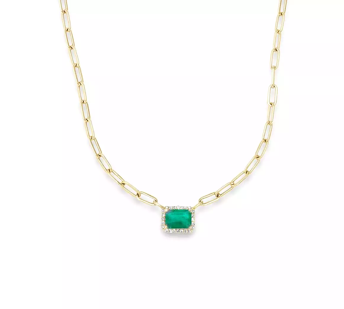 Emerald and Diamond Paper Clips Chain Necklace