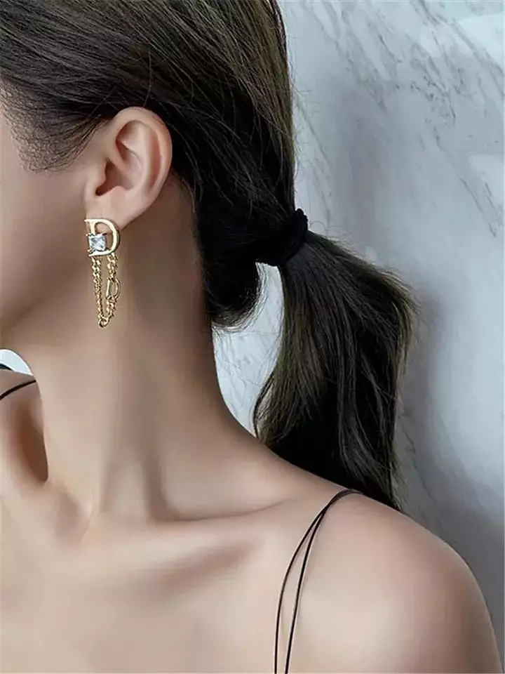 Fashion Jewelry Chain Tassel Letter D Square Zircon Earrings S4809373