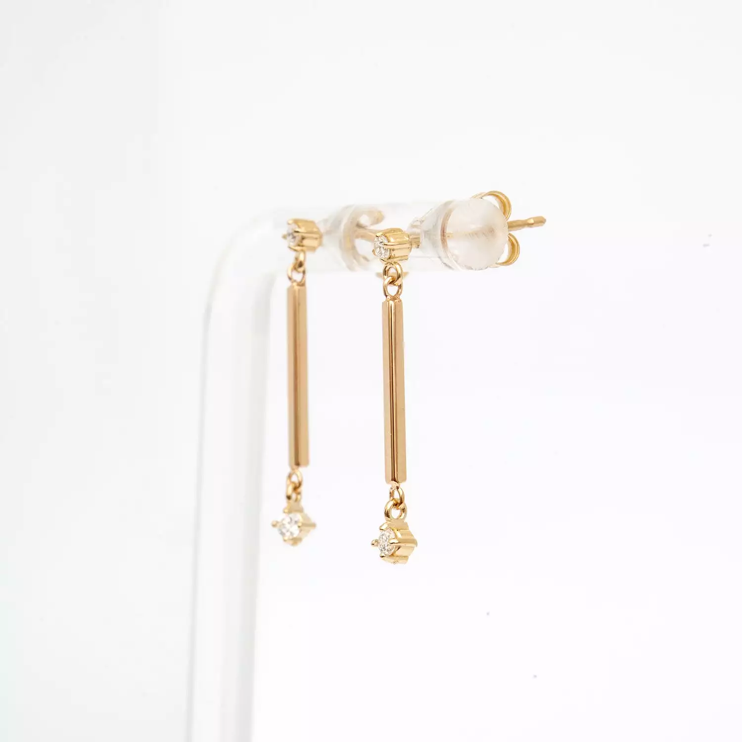 Gold Bar & Double Prong Diamond Drop Earrings