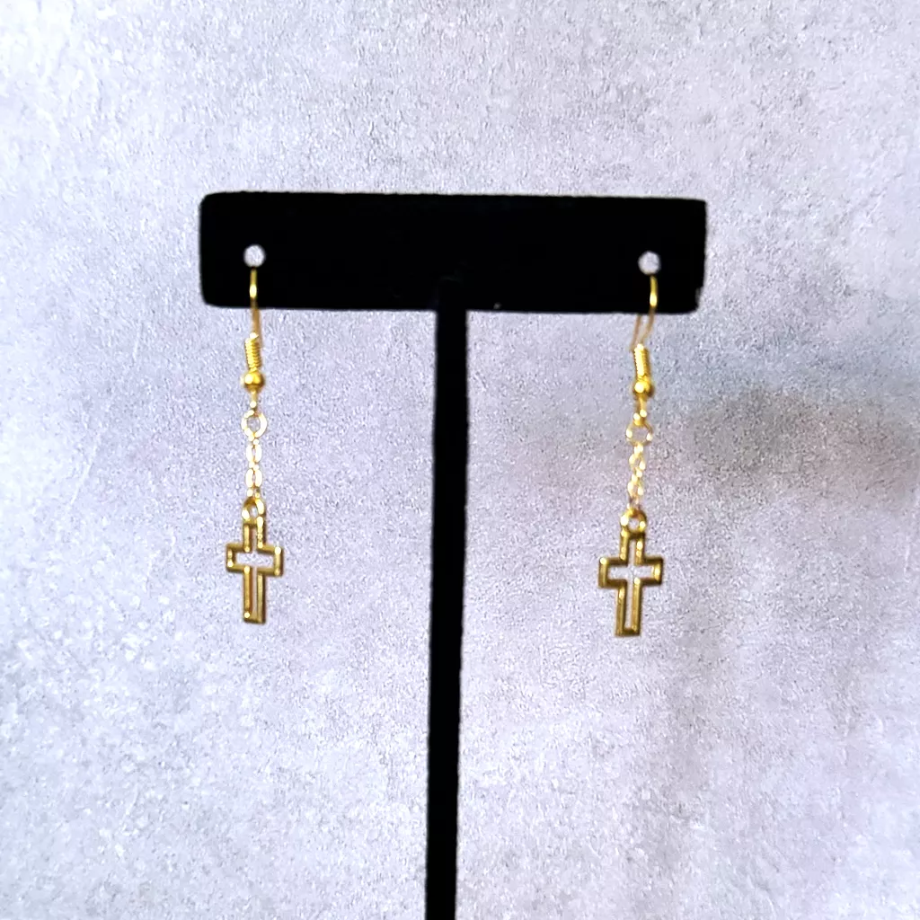 Gold Cut-Out Cross Dangel Earrings