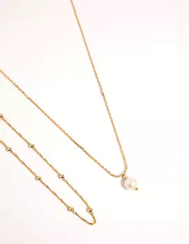 Gold Plated 2-Row Single Pearl Drop Necklace