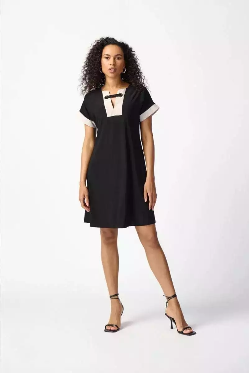 Joseph Ribkoff Black/Moonstone Colour-Block A-line Dress - 241030