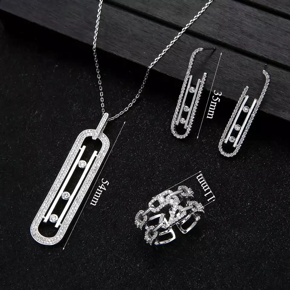 Luxury Geometry Link Stackable Pendant Necklace Earring ring set Beautiful Full Cubic Zircon Charm Women S4215865