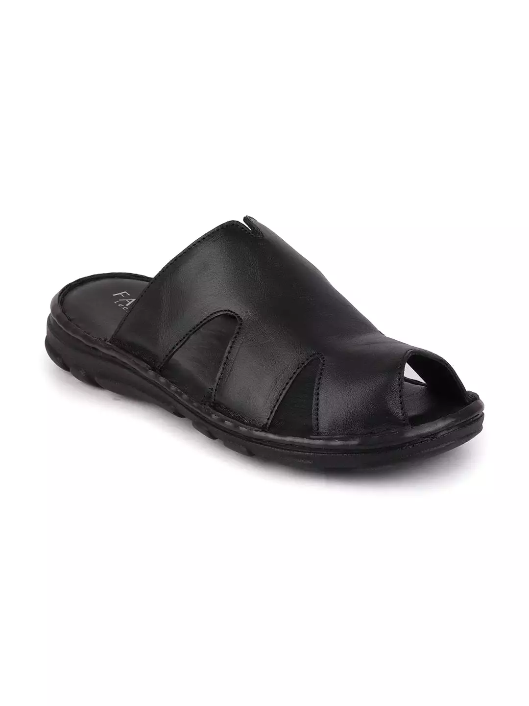 Men Black Casual Leather Slip-On Slippers