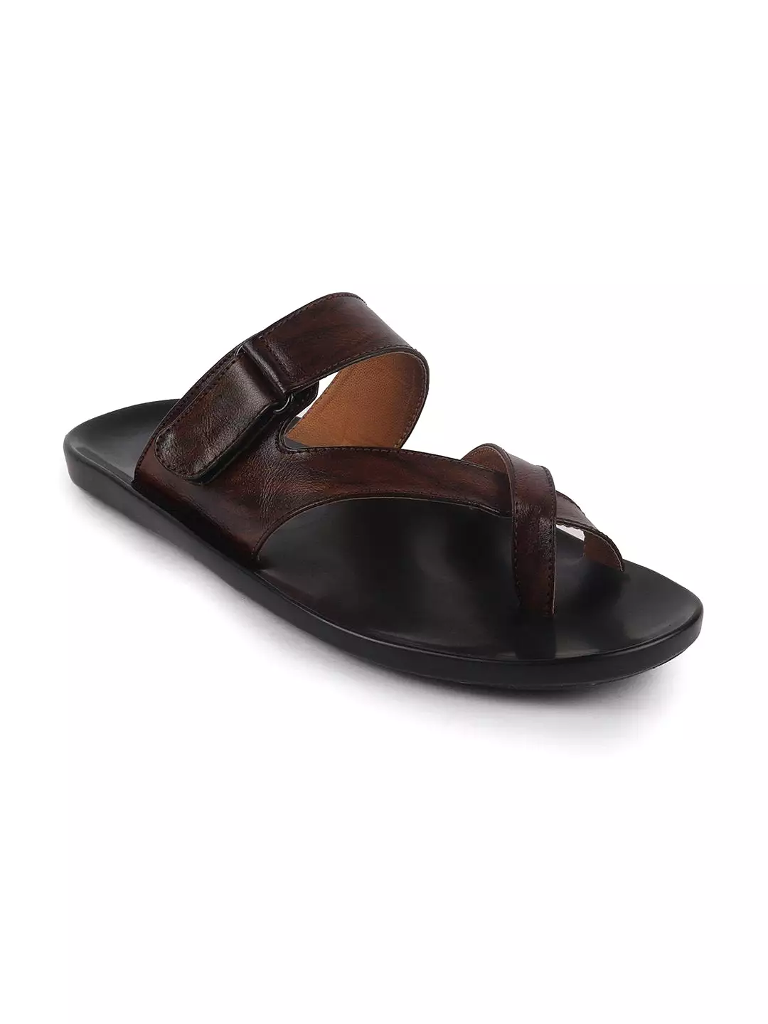 Men Brown Hook & Loop Criss Cross Toe Ring Slipper