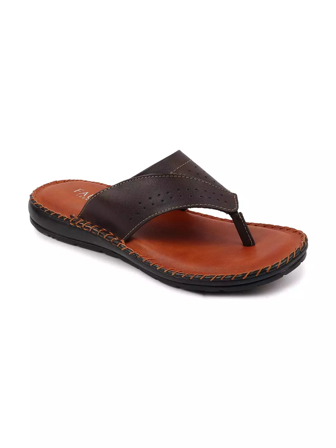 Men Brown Side Stitched Slippers