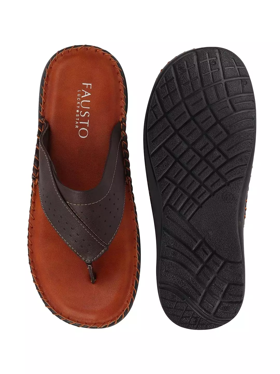 Men Brown Side Stitched Slippers