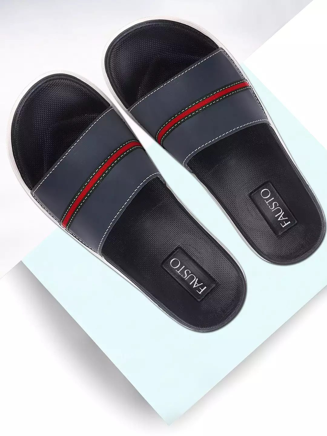 Men Navy Blue Casual Slip-On Color Block Slider Flip-Flops