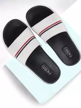 Men White Casual Slip-On Color Block Slider Flip-Flops